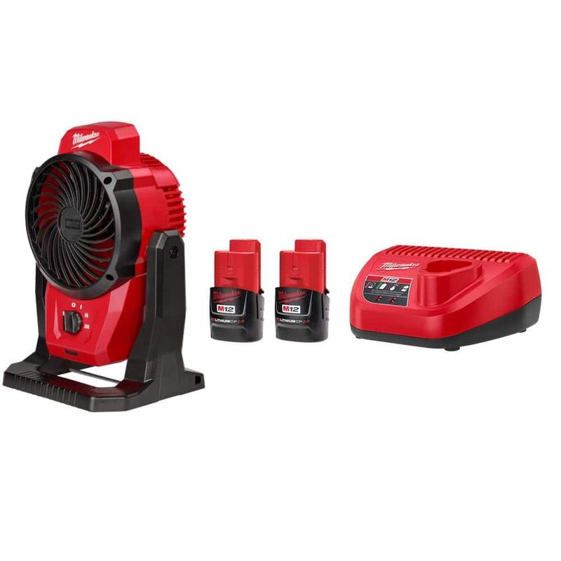 Milwaukee - M12 12-Volt Lithium-Ion Cordless Jobsite Fan with M12 Compact 2.0 Ah Battery (2-Pack) Starter Kit and Charger