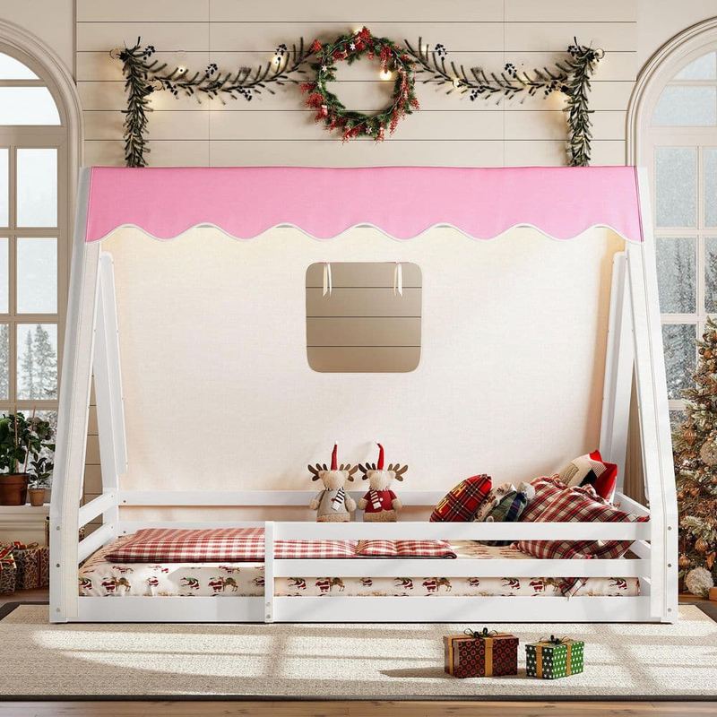 Polibi - White/Pink Full Size Kids Bed with Tent and Light, Full-Length Guardrails