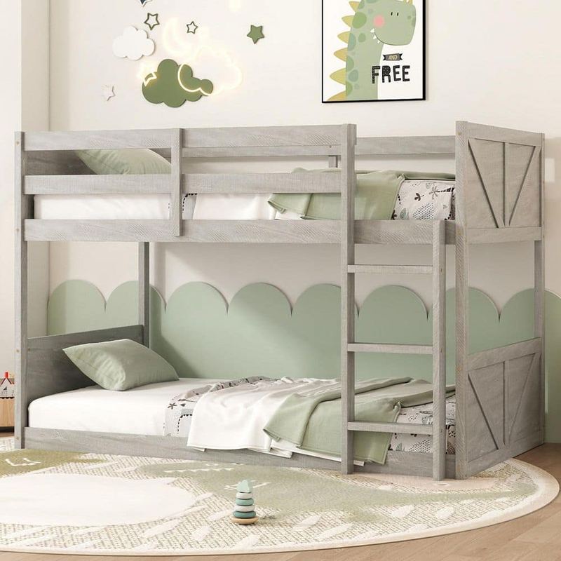Polibi - Antique White Rubber Wood Twin over Twin Bunk Bed with Panelled Headboard and Footboard,Safety Guardrails