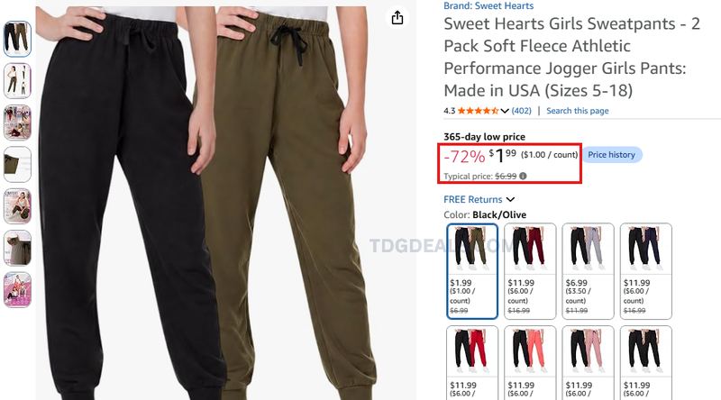2-PACK GIRLS’ SWEATPANTS FOR $1.99