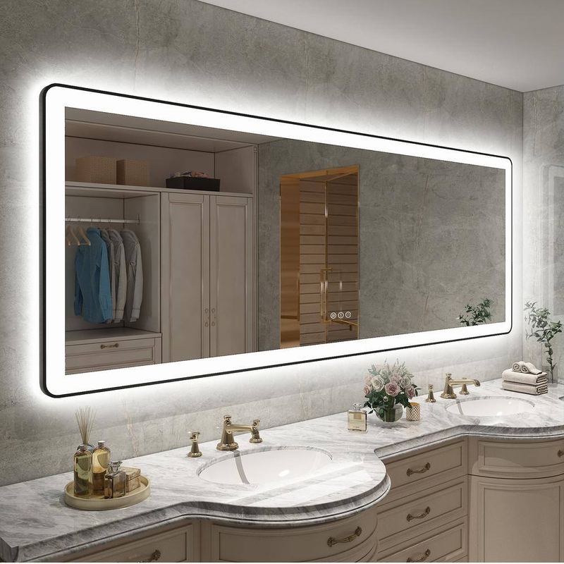 Apmir - 84 in. W x 32 in. H Rectangular Framed Front & Back LED Lighted Anti-Fog Wall Bathroom Vanity Mirror in Tempered Glass