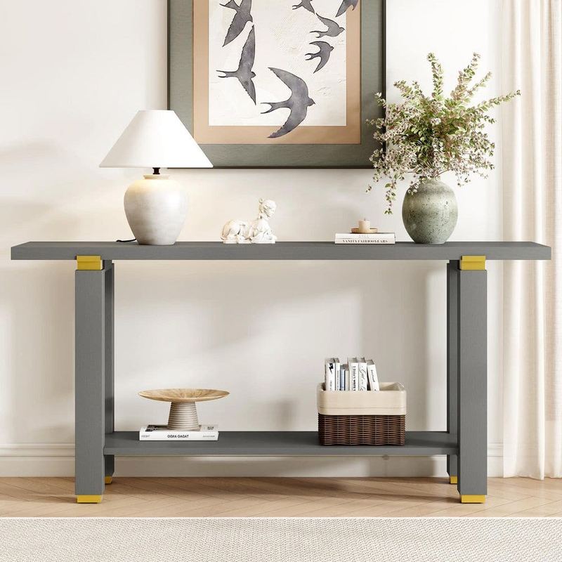 Polibi - 63 in. Gray Rectangle Pine Wood Console Table with Metal Accents and Built-in Shelf