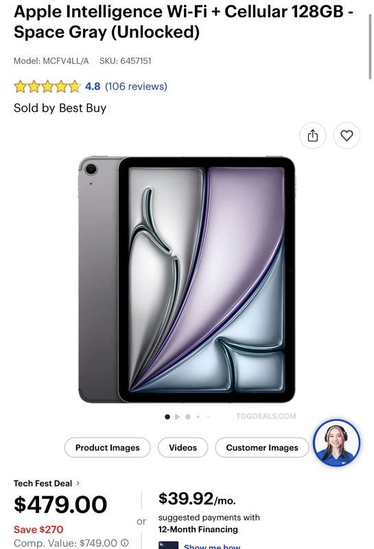 The 11” iPad Air M3 Wi-Fi + Cellular (128GB) is down to $479 at Best Buy.