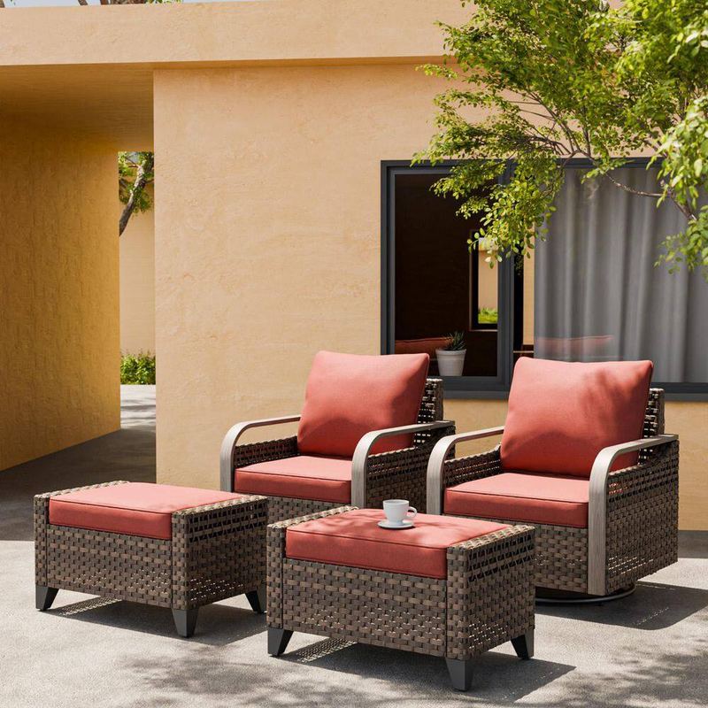 EAGLE PEAK - 4-Piece Brown Swivel Rocking Wicker Outdoor Lounge Chair with Red Cushions with Ottomans