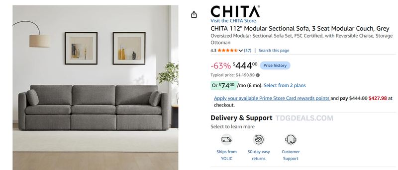 $1,200 CHITA 112” Modular Sectional Sofa for $444