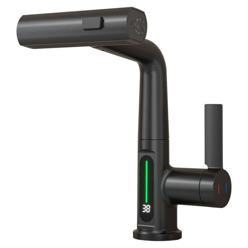 INSTER - Core 3-in-1 Single-Handle Pull-Out Single Hole Bathroom Faucet with LED Temperature Digital Display in Matte Black