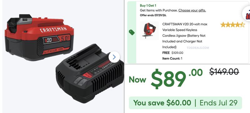 $89 CRAFTSMAN BATTERY & CHARGER KIT WITH FREE JIGSAW