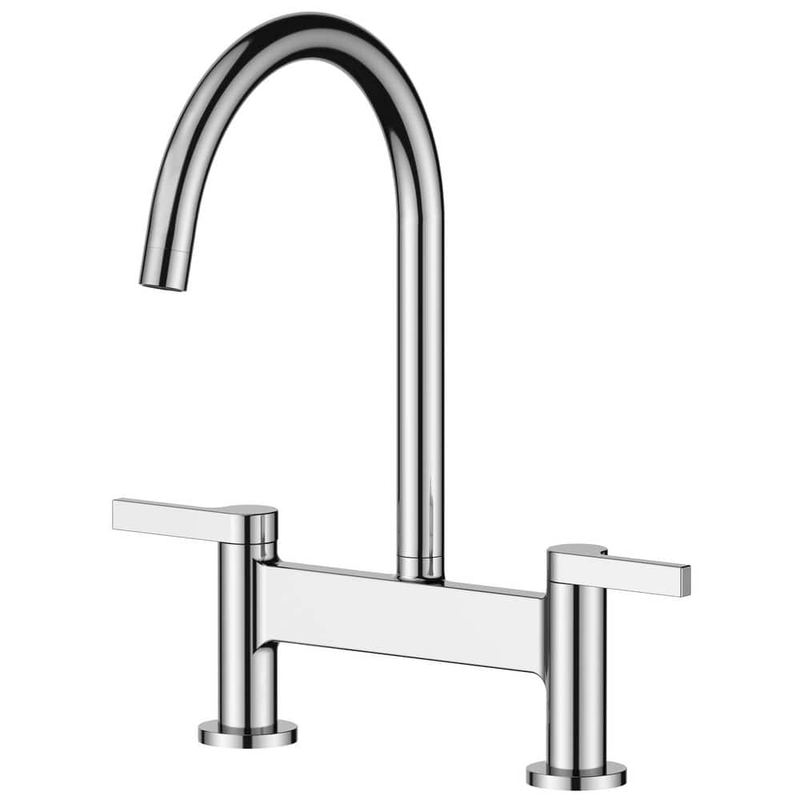 BWE - Modern Double-Handle 2-Hole Bridge Kitchen Faucet with 360° Swivel High-Arc Spout in Polished Chrome