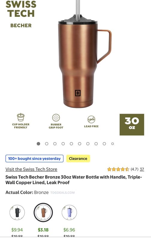 SWISS TECH BECHER BRONZE 30OZ WATER BOTTLE FOR $3.18