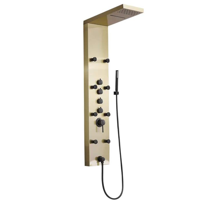 BWE - 8-Jet Rainfall Shower Tower Shower Panel System with Rainfall Waterfall Shower Head and Shower Wand in Black Gold